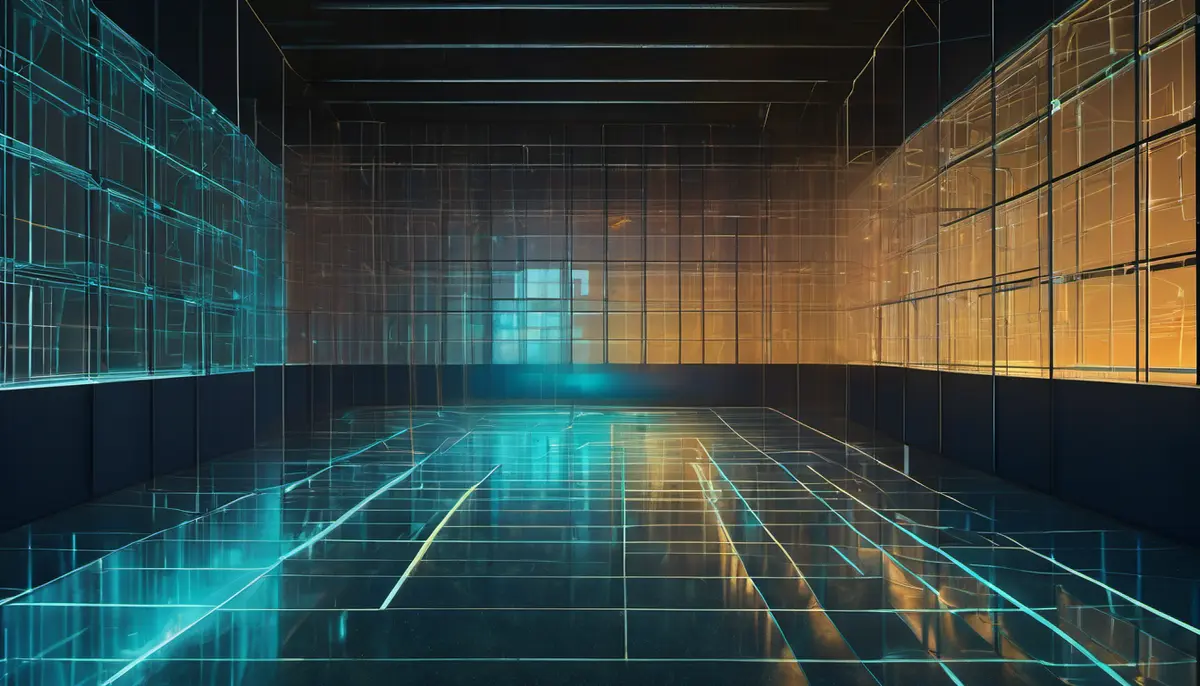 A translucent glass test chamber lit in cool blue and warm amber, with a breach punched through the far wall and light escaping into a dark hall