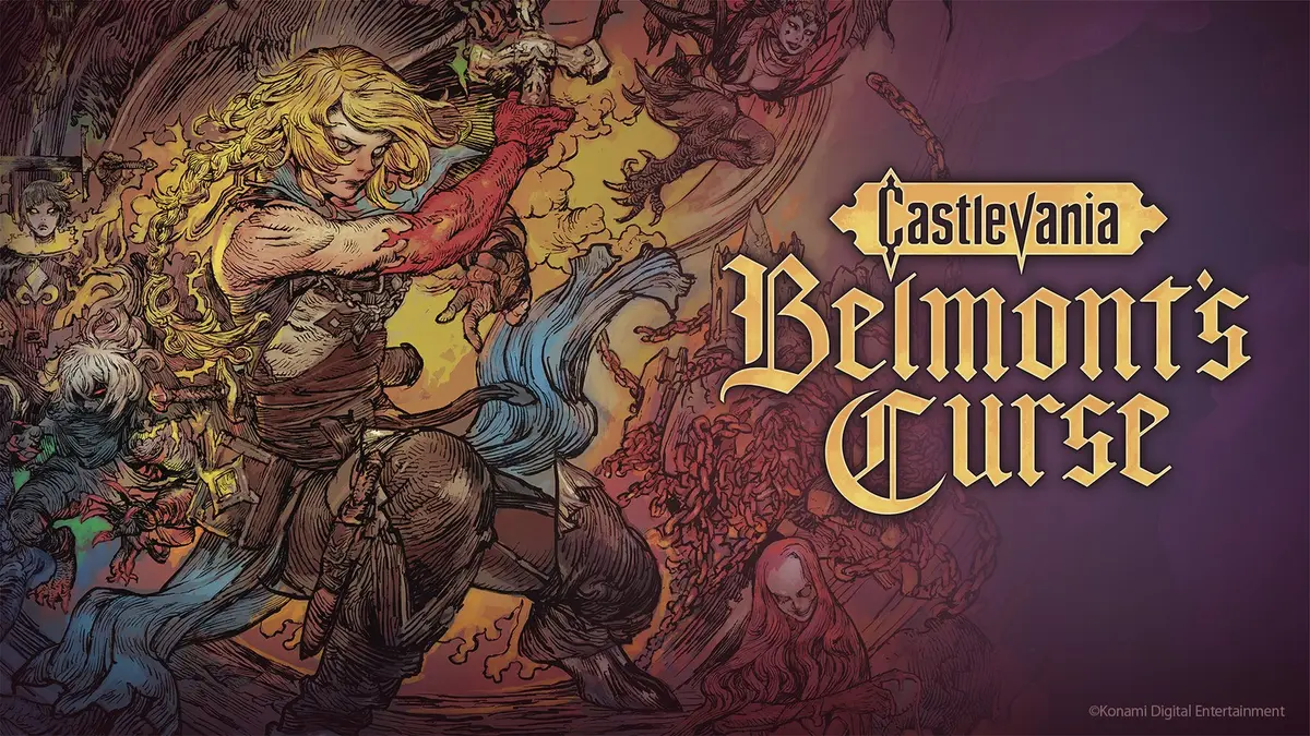 Key art for Castlevania: Belmont's Curse, with Rose Belmont mid-strike among monstrous figures around a burning city, beside the game's golden title logo