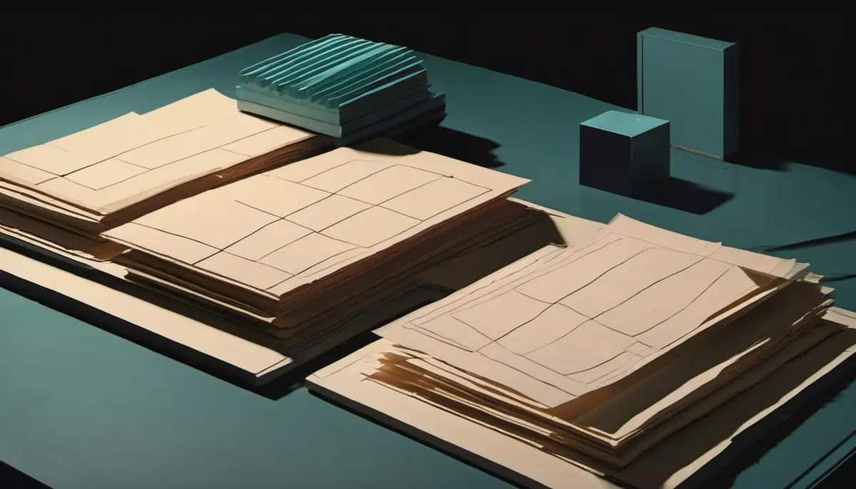 A dark still life of neatly stacked blank paper bulletins lit in teal and amber, with a small cluster of glowing digital blocks floating above the pile.