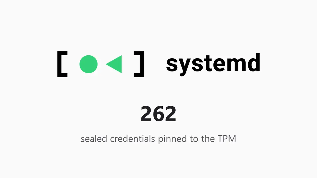 The systemd wordmark above the version number 262 and the words sealed credentials pinned to the TPM, set on a pale background