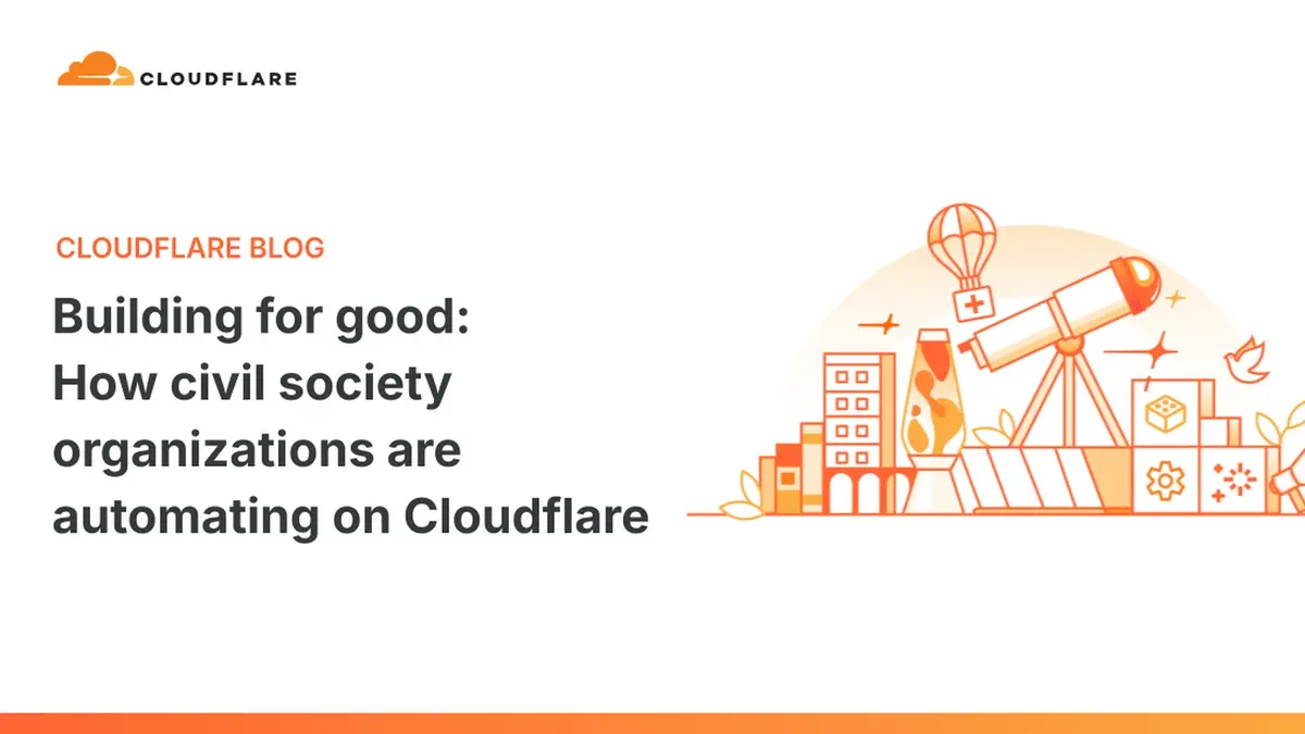 The Cloudflare Blog card for Building for good, showing the Cloudflare wordmark and a line illustration of civil society and humanitarian activity