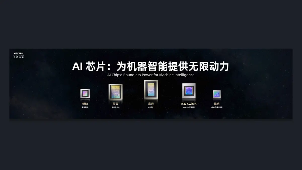 Alibaba's 2026 Apsara Conference slide headed AI Chips, showing the T-Head data-centre line-up: the Panmai smart network card, the Yitian server CPU, the Zhenwu AI chip, the ICN Switch interconnect chip and the ZhenYue SSD controller.