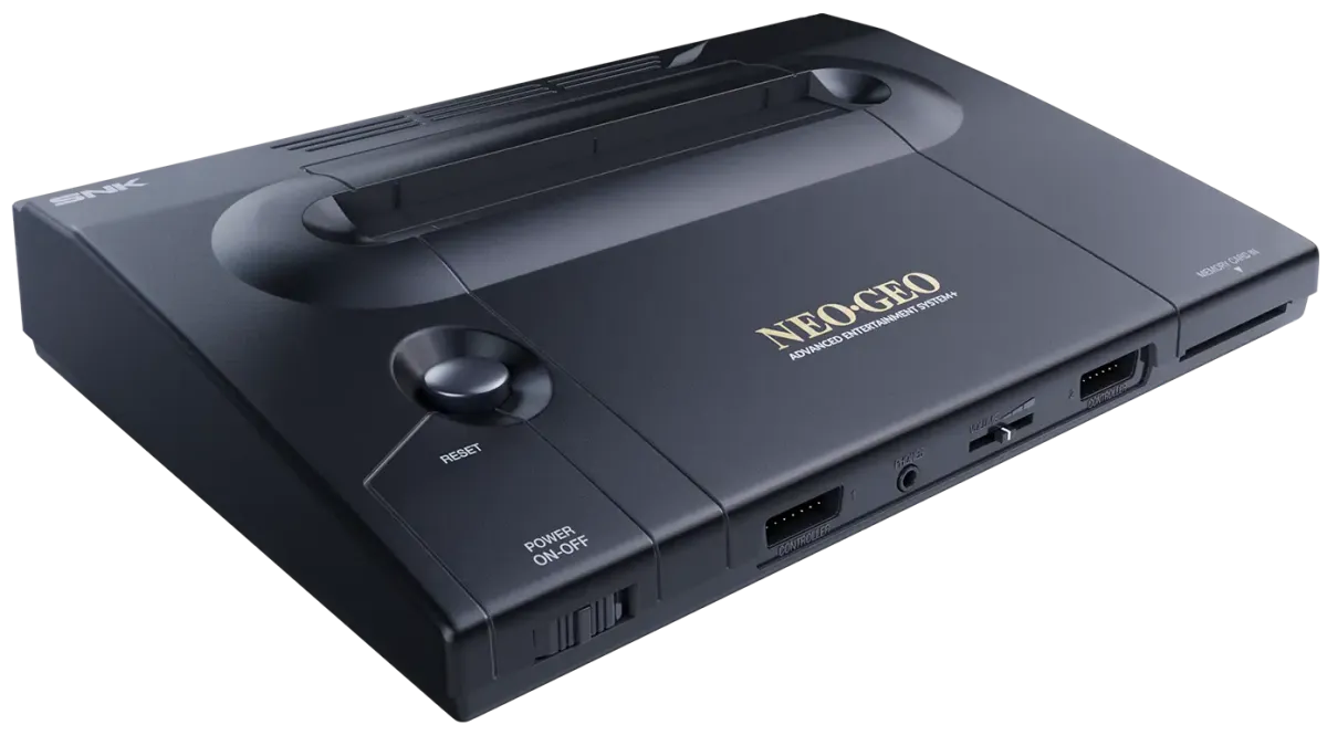 Official Plaion / SNK artwork showing the NeoGeo AES+ retro console and controller.