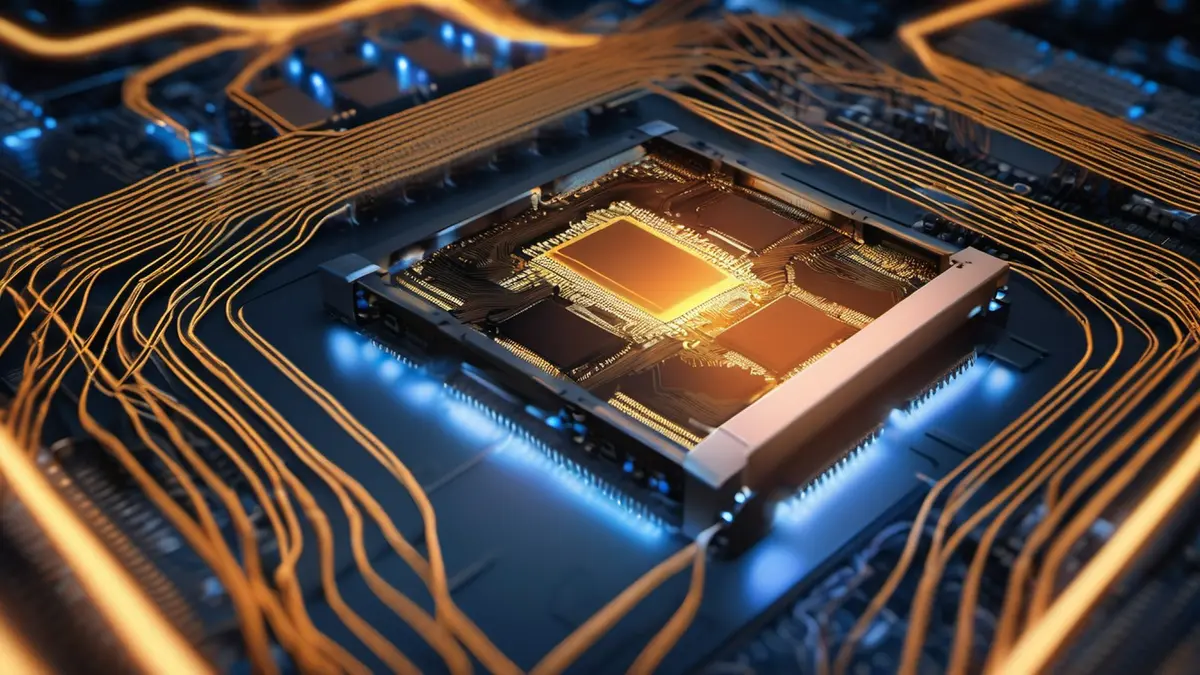 An illustration of two processor dies joined across a dark circuit board by a glowing ribbon of interconnect traces, with server racks blurred behind
