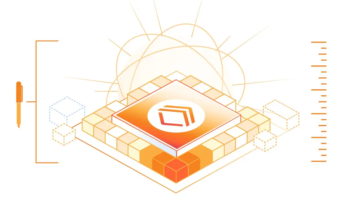 Cloudflare illustration of orange isometric blocks topped by a cube carrying the Cloudflare Workers logo, set against a pale background