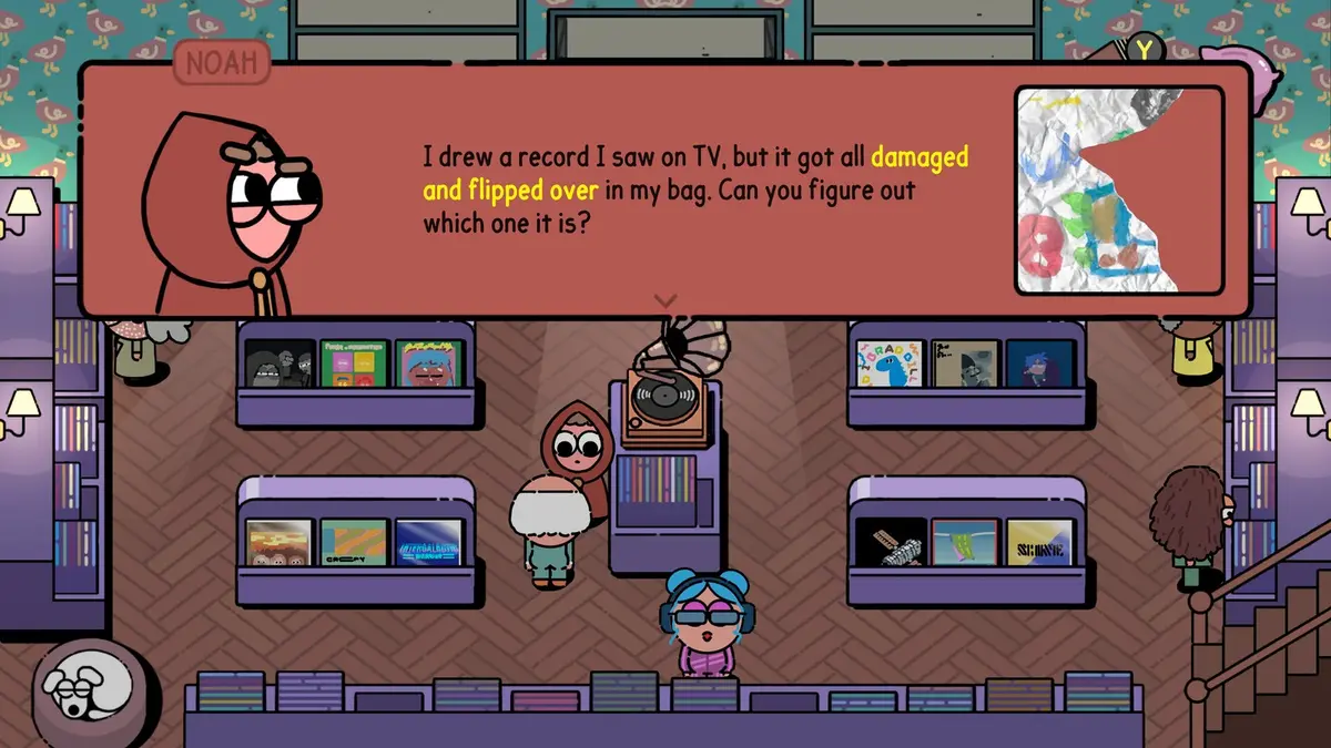 A hand-drawn record shop interior from MR. RECORDS: wooden shelves of vinyl along a purple counter with a turntable, a customer in a red hat asking which damaged record she drew on television, and the shop's cartoon characters standing around the counter beneath the game's speech bubble dialogue box.