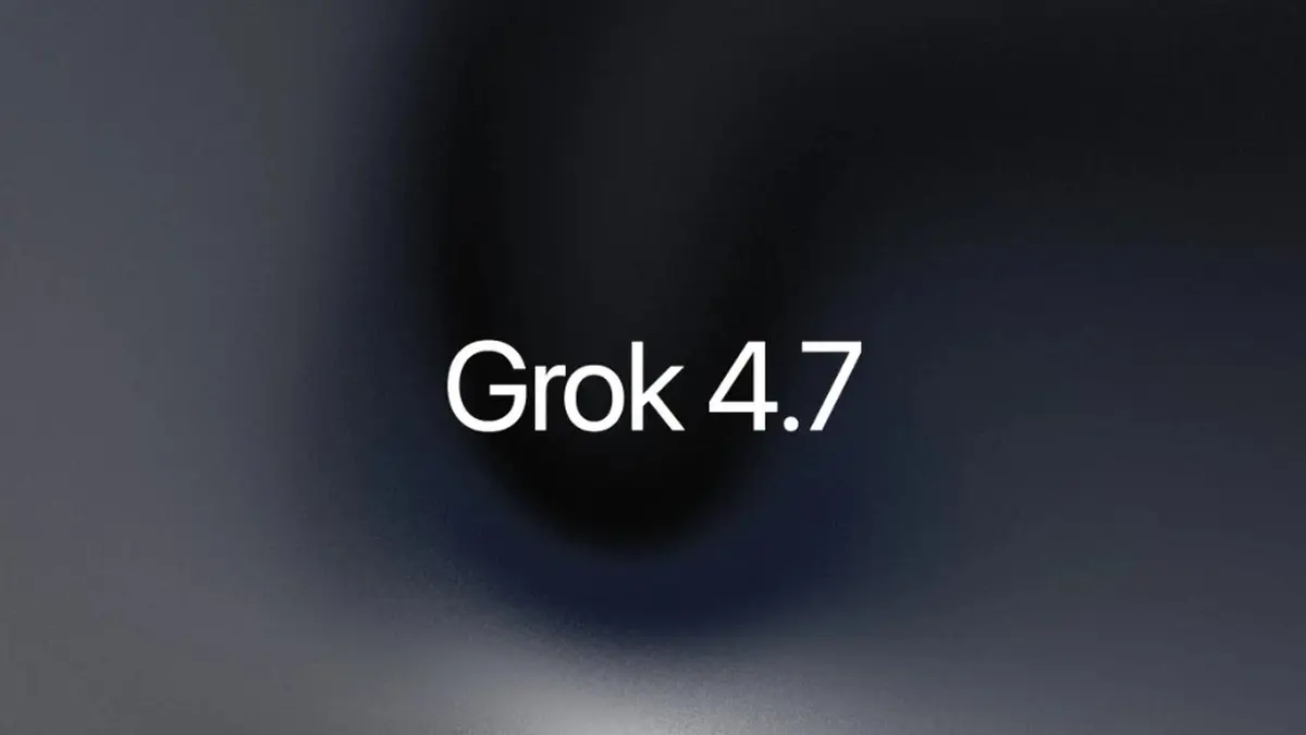 The Grok 4.7 announcement graphic: the words Grok 4.7 in large white lettering, centred on a dark navy-to-black gradient field.