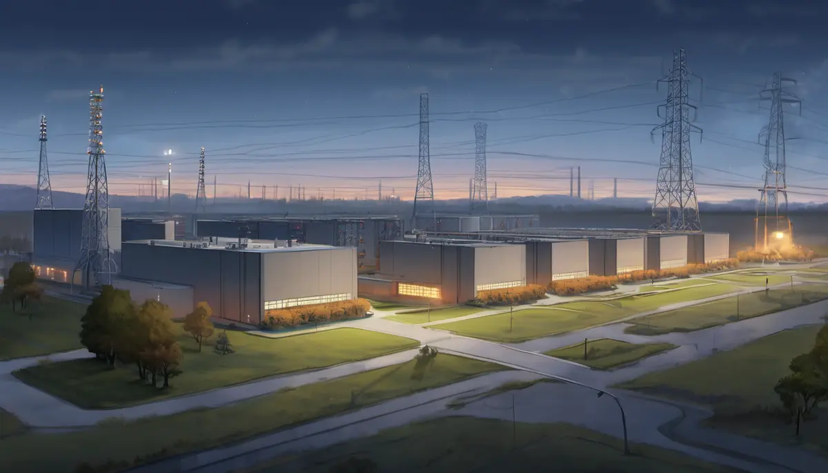 Data centre campus at dusk with high-voltage transmission towers and lit server halls