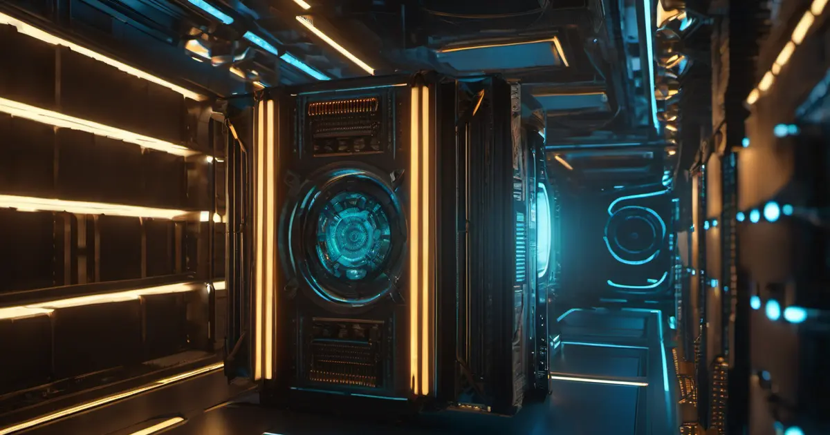 A dark rack-mounted compute module lit by amber and cyan light strips with a glowing cyan core, standing in a dim data-centre aisle.