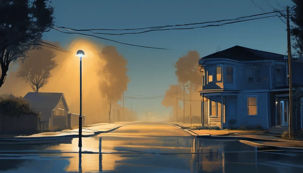 An empty suburban street at dusk after rain, lit by a single street lamp, with overhead power lines strung between houses and mist settling along the road
