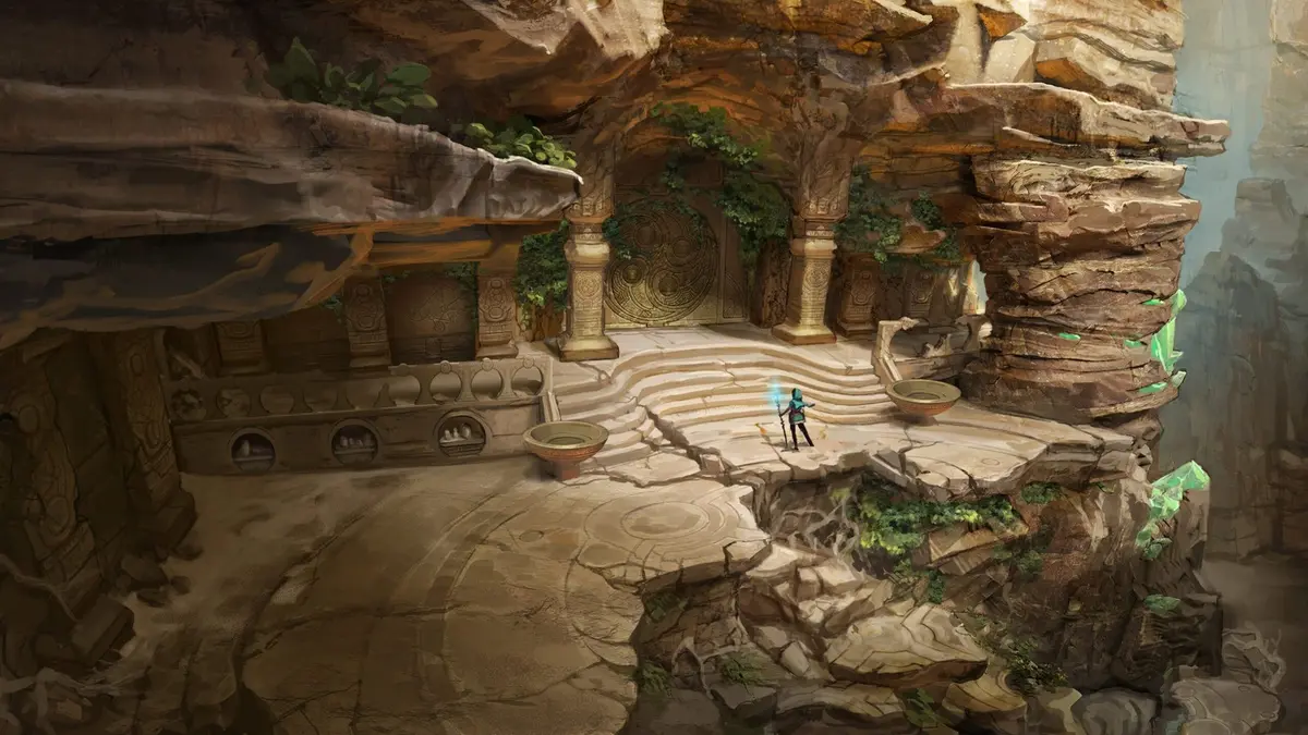 A small figure in a glowing blue outfit stands on the stone steps of an ancient jungle temple, surrounded by carved pillars, bowl braziers and overgrown ruin walls