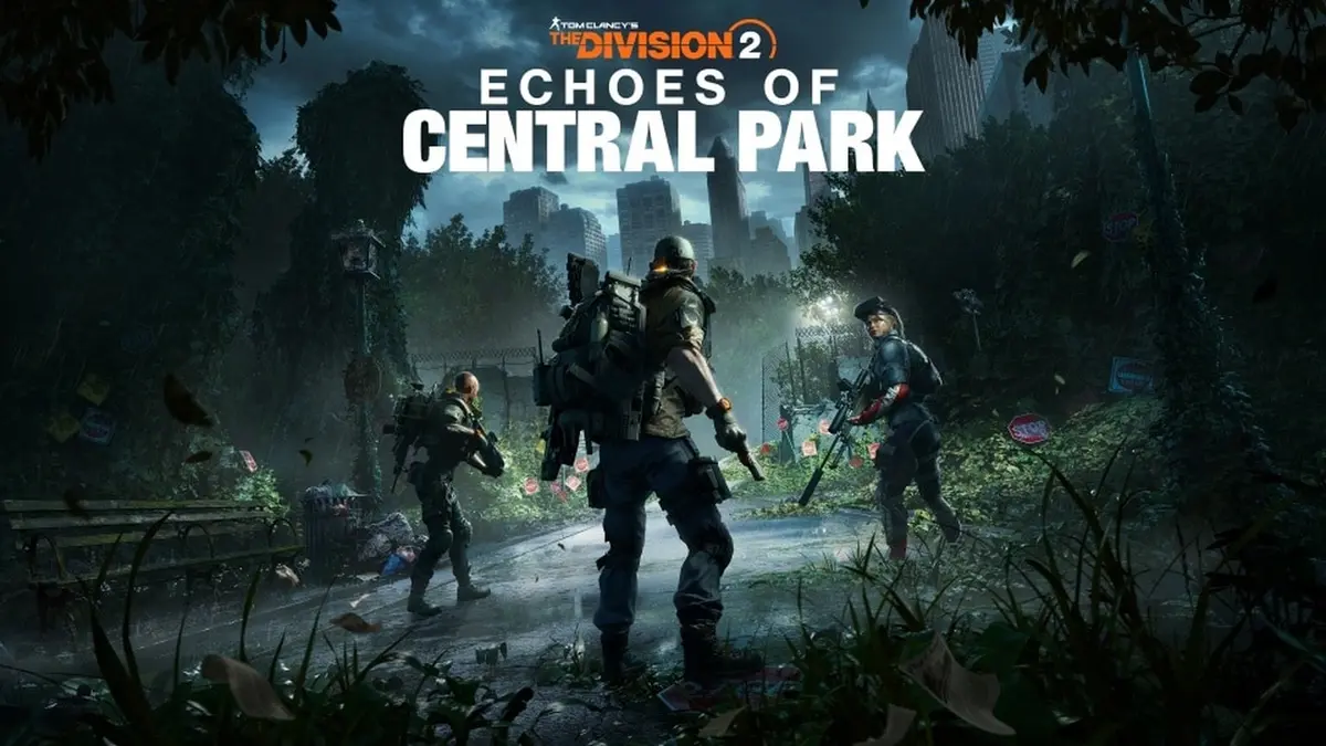 Key art for The Division 2: Echoes of Central Park showing three agents in overgrown parkland with the Manhattan skyline behind them, under the expansion's title treatment
