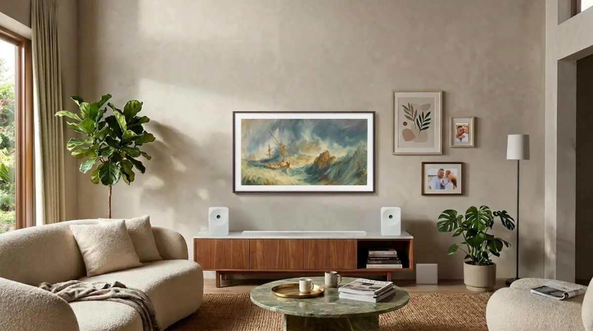 A living room with a Samsung Frame television on a wooden console showing a framed painting of a ship in a storm at sea, with plants, a sofa and framed pictures around it
