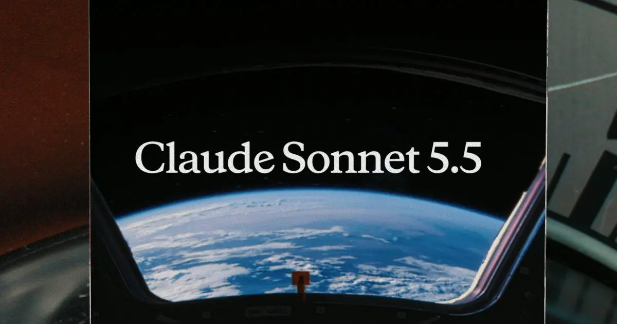 Anthropic’s Claude Sonnet 5.5 launch artwork: the model name in white serif type across the centre of a view of Earth from a spacecraft window, framed by dark panels.