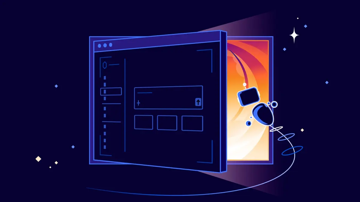 Stylised illustration of a dark computer screen opening onto a bright orange portal, with a small satellite and stars around it