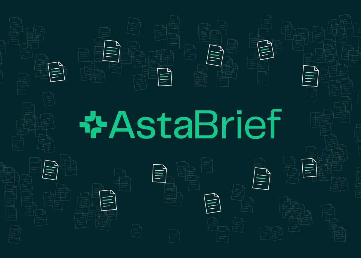 The AstaBrief wordmark in green on a dark background, ringed by outlines of document pages to suggest generated research reports