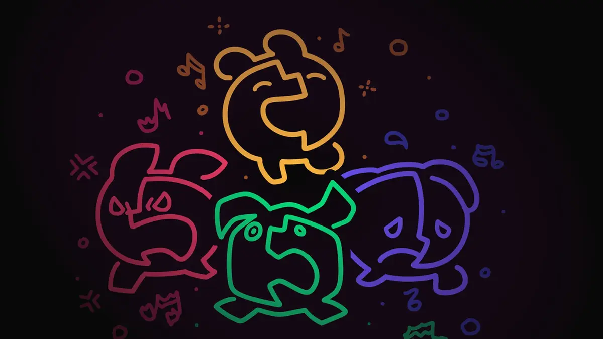 MONOWAVE key art showing four neon line-art spirit creatures in yellow, red, green and blue clustered against a dark background scattered with music notes.