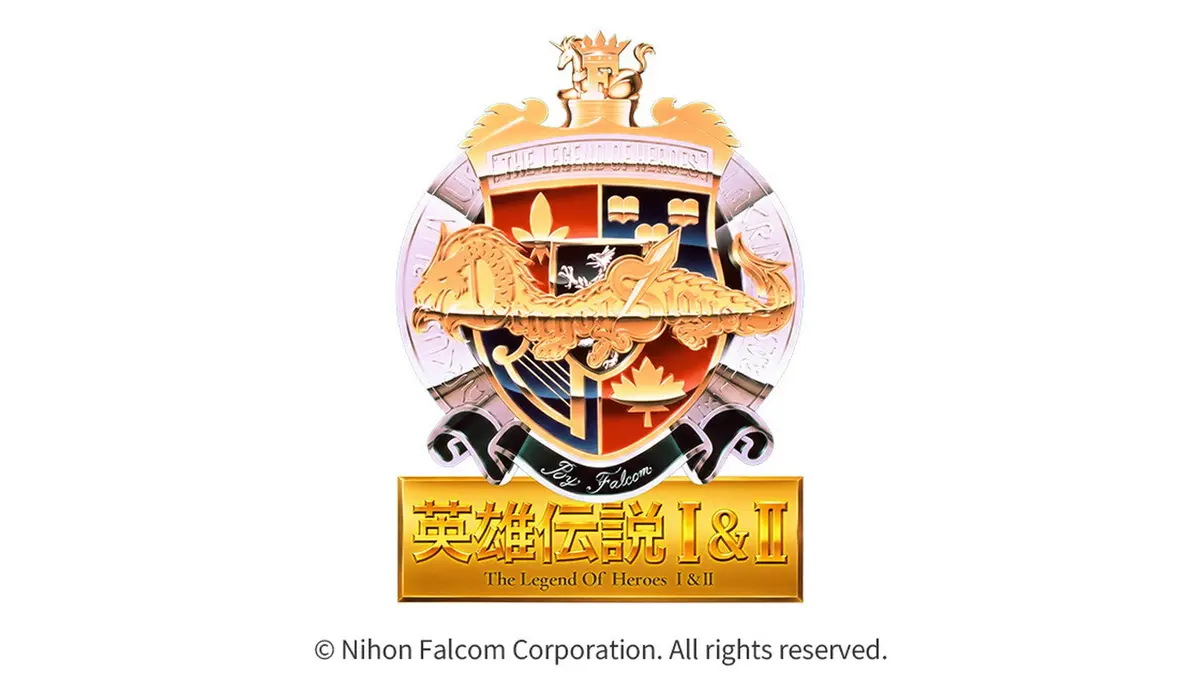 The crest logo for *Dragon Slayer: The Legend of Heroes I & II*, showing the heraldic emblem above gold Japanese lettering and Nihon Falcom's copyright line