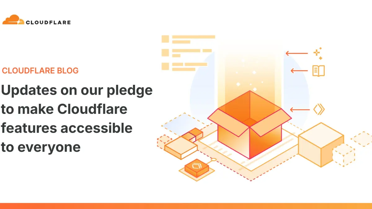 An illustration of an open orange delivery box surrounded by floating interface panels on a pale background, with the Cloudflare logo in the corner