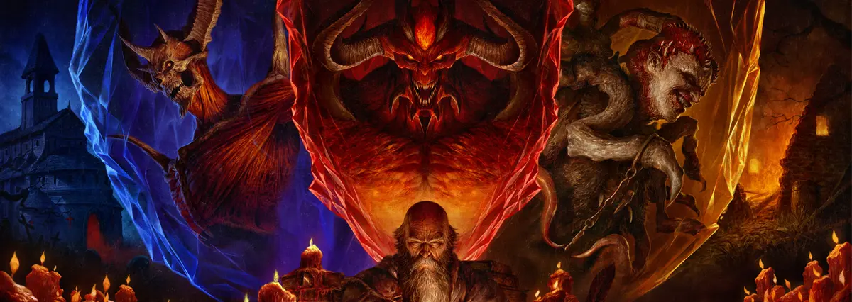 Diablo IV anniversary art showing Deckard Cain surrounded by candles beneath the Prime Evils, with Tristram cathedral and a winged figure flanking the scene.