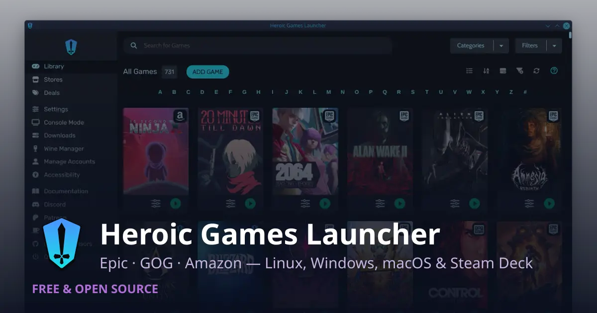 A Heroic Games Launcher window showing a library of game covers beside the Heroic logo and the words Heroic Games Launcher, Epic, GOG, Amazon and free and open source.
