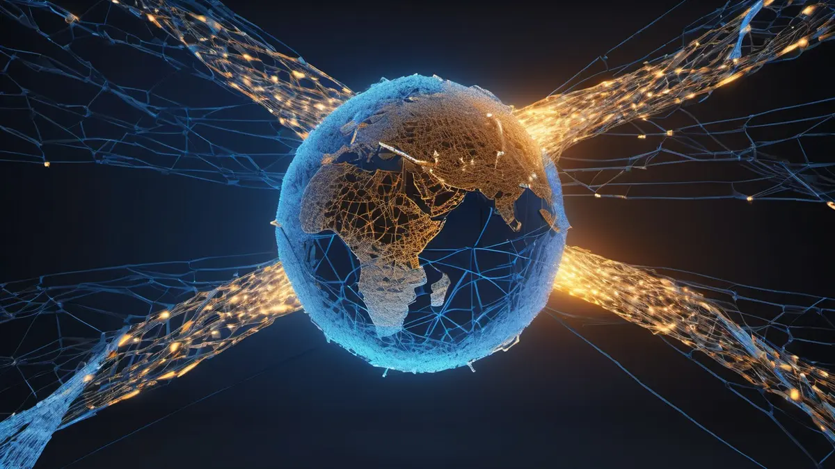 A glowing blue globe of networked server nodes against a dark background, with amber light spilling through the mesh of query paths.