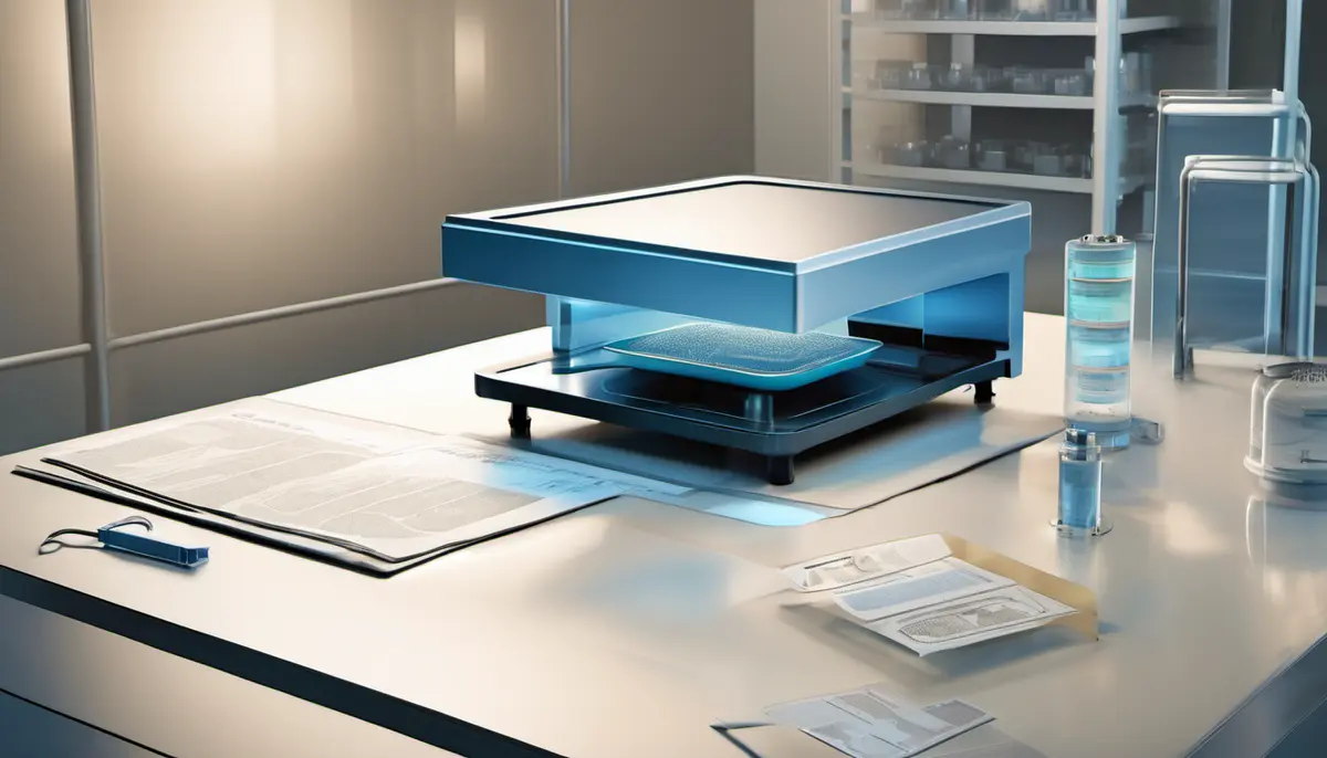 A flat-bed laboratory instrument with a blue-lit platen on a white workbench, technical drawings spread beside it and a rack of sample vials behind