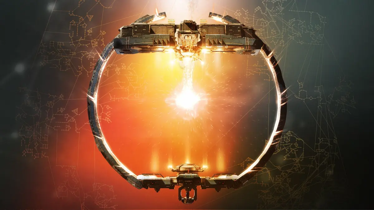 An Ansiblex jump bridge in EVE Online: a glowing orange ring set into a lattice of station modules, hanging against the game’s star-map background with a ship passing through the centre.