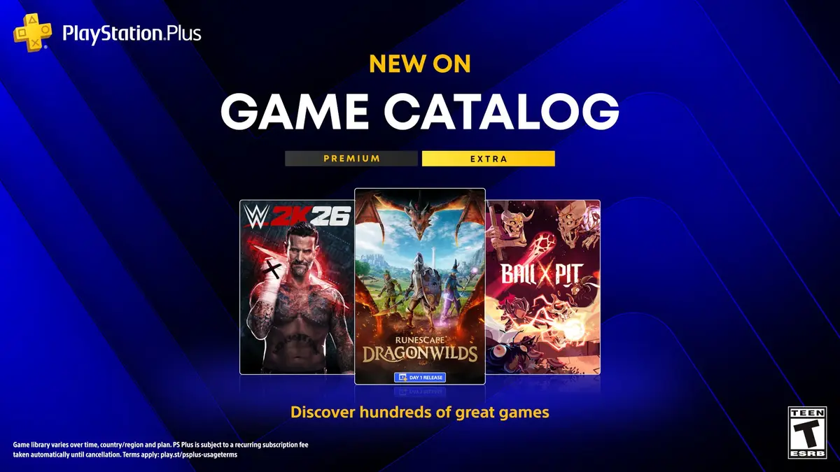 PlayStation Plus Game Catalog banner reading New on Game Catalog, above cover art for WWE 2K26, RuneScape: Dragonwilds and Ball x Pit.