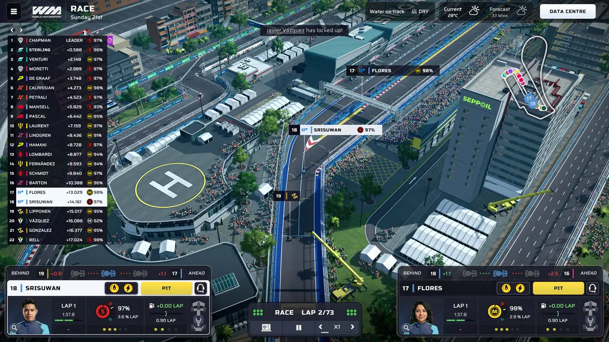 Race-day scene from *Motorsport Manager 2* showing the race management interface, timing tower and pit wall readouts during a live session