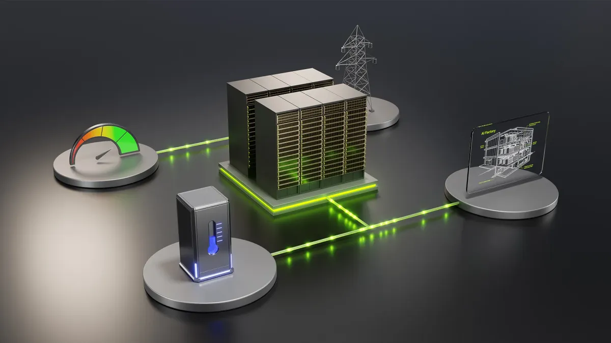 Render of an AI data centre connected by glowing green power lines to a dial, a battery unit and a transmission tower