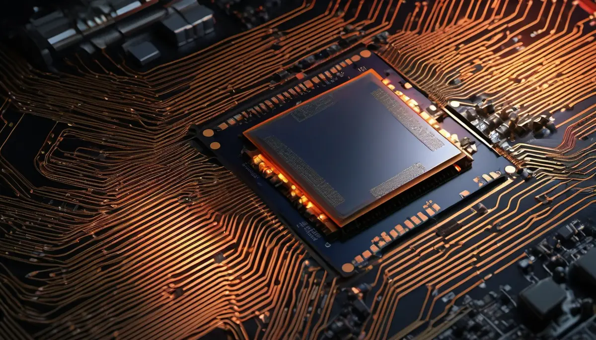 Original illustration of a computer processor surrounded by glowing circuit traces