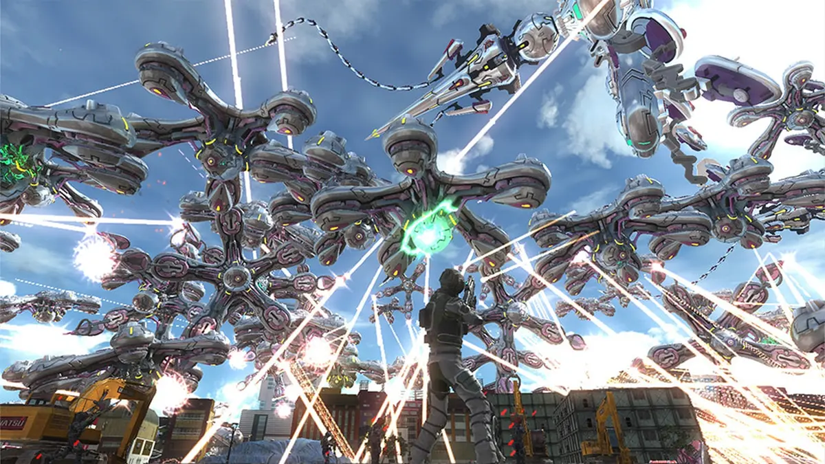 An Earth Defense Force soldier in tactical gear fires into a swarm of giant alien invaders above a city street, tracer fire crossing the sky in every direction.