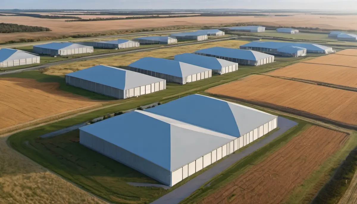 Aerial illustration of a data centre campus: long white-roofed halls laid out in rows across prairie farmland under a wide, pale sky