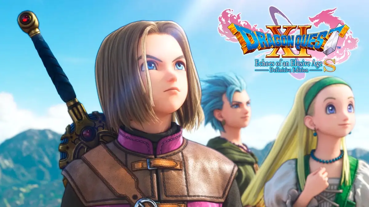The Luminary stands with sword drawn beside two companions on a blue-skied Erdrean vista, with the Dragon Quest XI S logo above them.