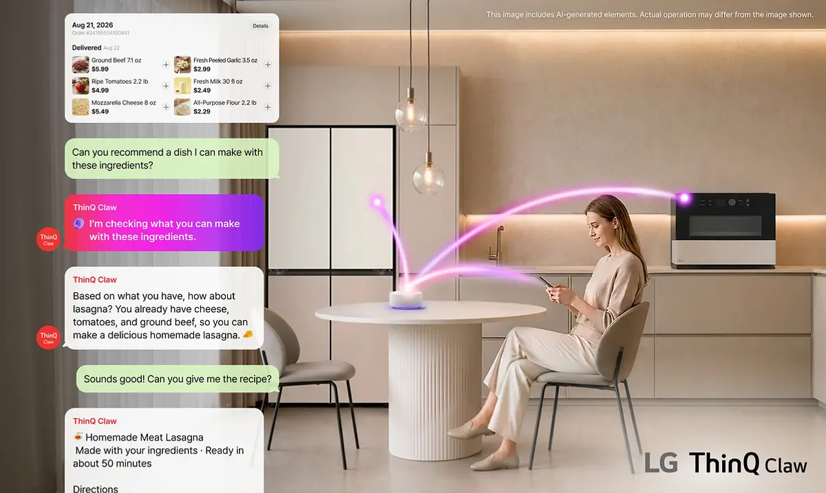 LG ThinQ Claw and AI Home demonstration artwork showing connected appliances and smart-home services at IFA 2026.