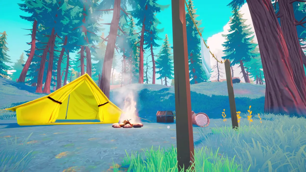 A yellow tent and a small campfire in a sunlit forest clearing in Under Canopies