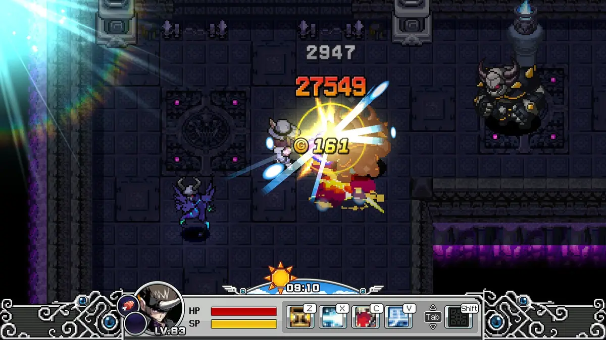 A dungeon fight in ZENONIA 2: The Lost Memories, with a white-haired hero swinging a sword at horned demons in a pixel-art stone corridor while damage numbers rise above them, gold counted at 161 and the game's health and skill bars along the bottom of the screen.