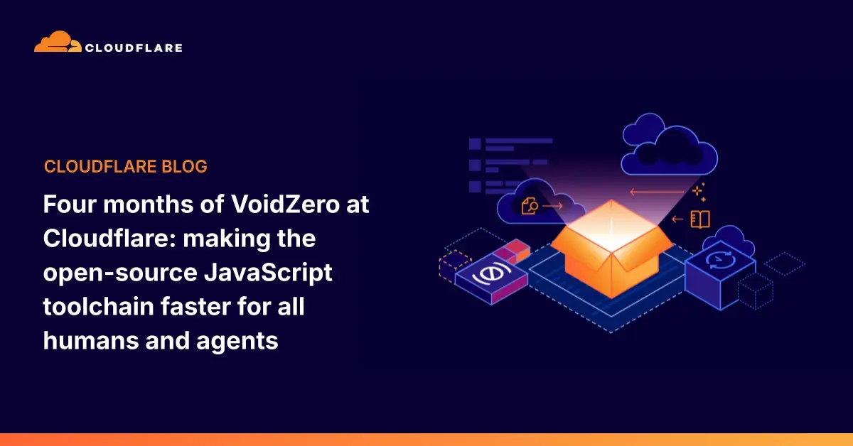 The Cloudflare Blog card for this post, showing the Cloudflare wordmark beside the headline 'Four months of VoidZero at Cloudflare' and an isometric illustration of an open orange box surrounded by code, cloud and browser icons