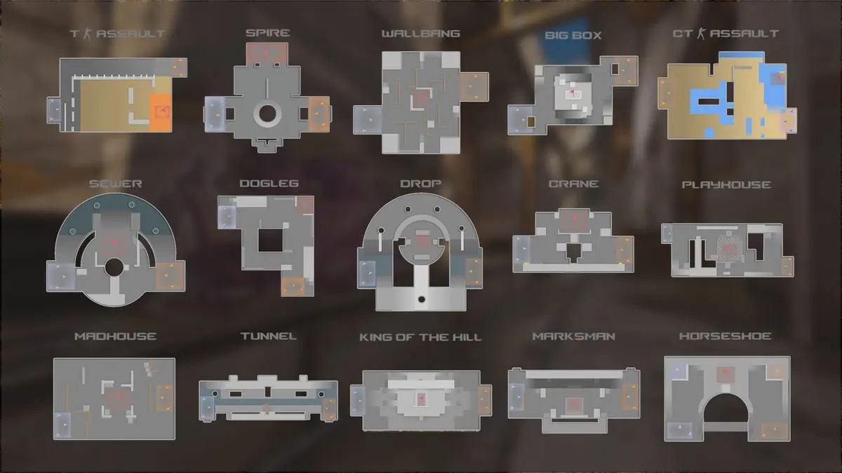 Valve’s battle-arena layout graphic for Counter-Strike 2’s Rush mode, showing fourteen labelled arena plans including Assault, Spire, Wallbang, Big Box, Sewer, Doglegs, Drop, Crane, Playhouse, Madhouse, Tunnel, King of the Hill, Marksman and Horseshoe