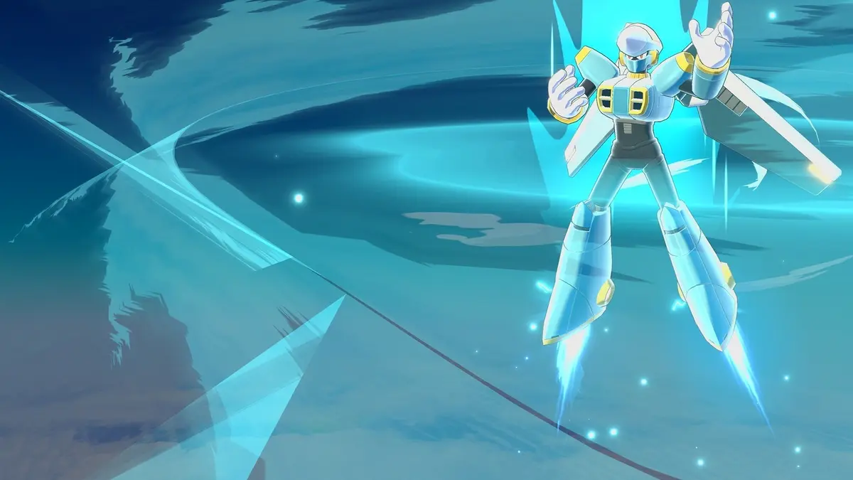 Jet Man, a pale blue Robot Master with angular shoulder fins and jet thrusters in place of his lower legs, hovering with both arms raised against a teal sky crossed by a bright diagonal light streak.