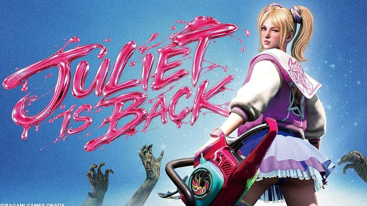 Juliet Starling stands over a field of grasping zombie hands with a chainsaw in hand, beneath the *Lollipop Chainsaw 2 Back2Back* key art reading 'Juliet is Back'