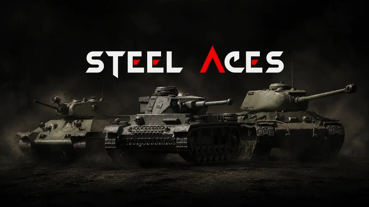 A Steel Aces tank battlescape showing armoured vehicles moving across a dramatic battlefield.