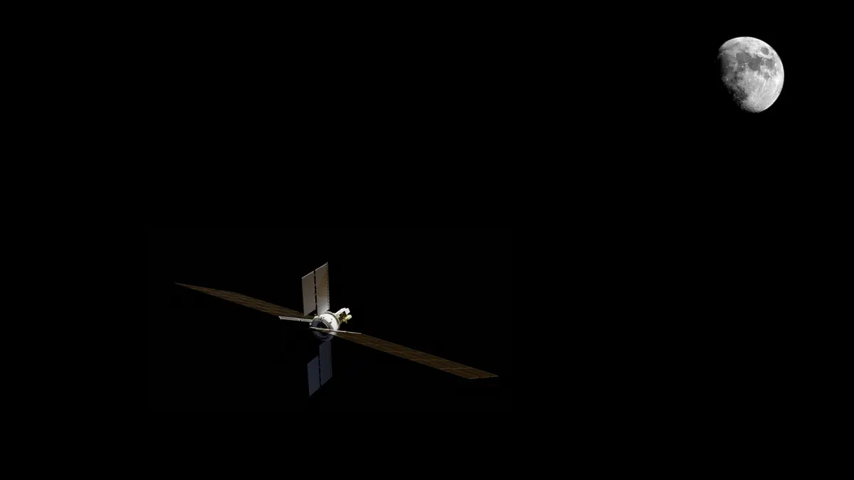 A computer-generated image of a satellite with long solar arrays and a cluster of thrusters against black space, with the cratered Moon glowing in the upper right of the frame.