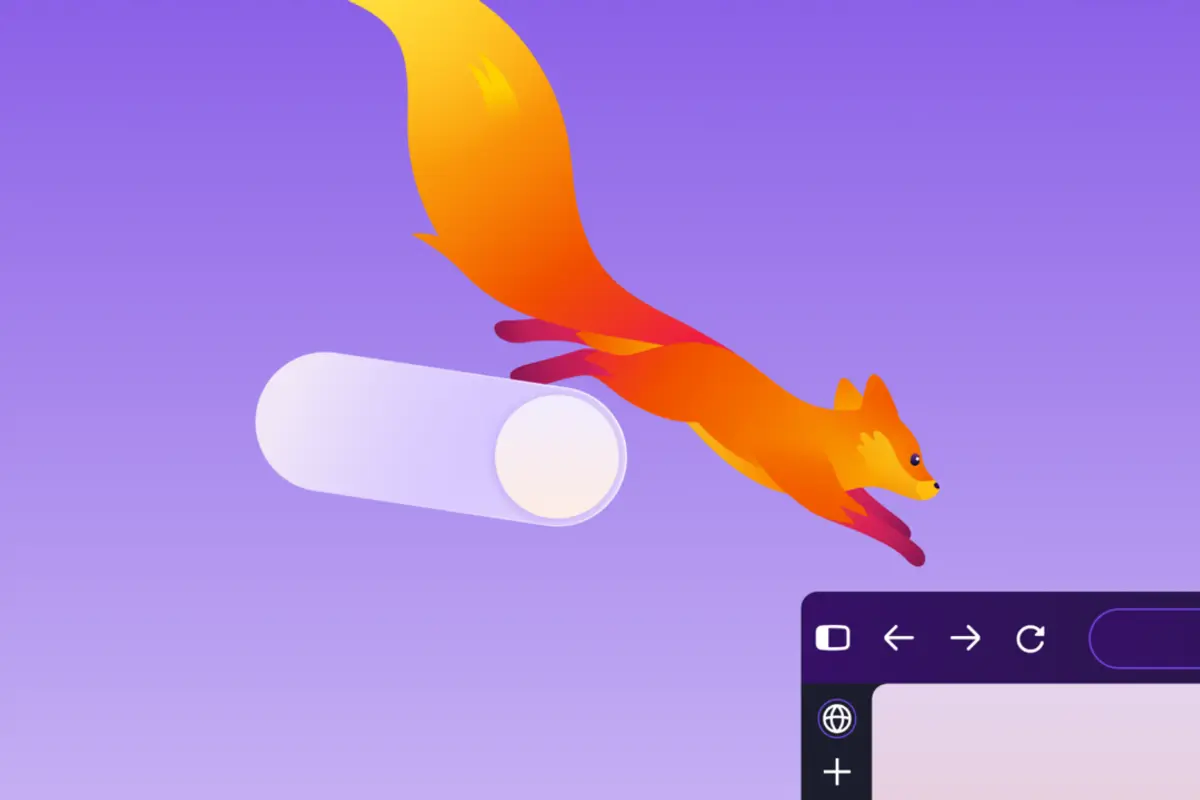 Mozilla's artwork for the new Firefox design: an orange fox leaping across a purple gradient past a pale pill-shaped browser bar, with a dark fragment of the redesigned Firefox toolbar showing back, forward and reload buttons in the corner