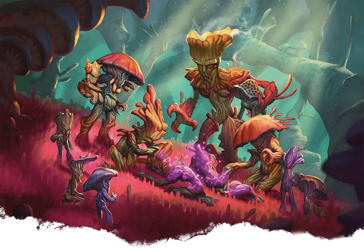 Towering mushroom-capped myconid figures tending a garden of glowing fungi under the canopy of an underground cavern