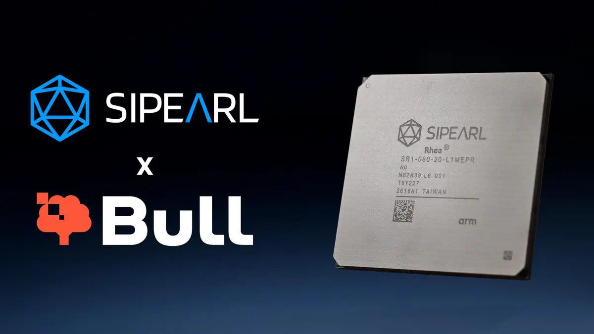 The SiPearl and Bull logos stacked beside a photograph of the Rhea1 processor package, its SiPearl part marking and Arm branding visible on the metal lid, on a dark blue background.