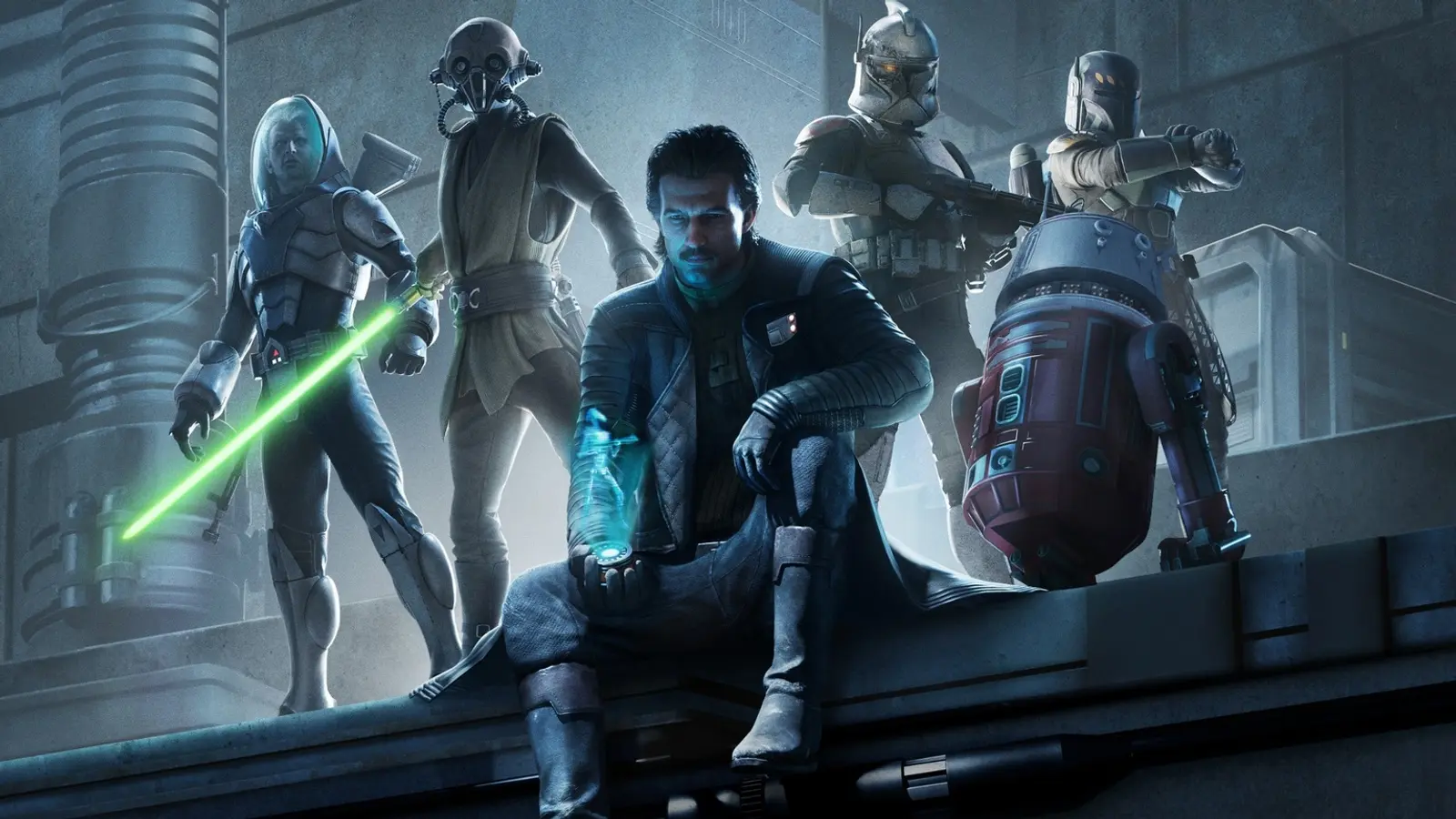 Hawks sits in the centre as the Zero Company crew gathers around him — a Jedi with a green lightsaber, a masked operative, two clone troopers and an astromech droid.