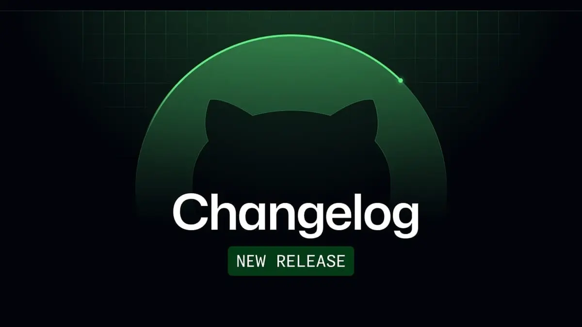 GitHub's dark green changelog card showing the silhouette of the Octocat behind the word Changelog in white letters, with a New Release label beneath it and a faint grid across the background.
