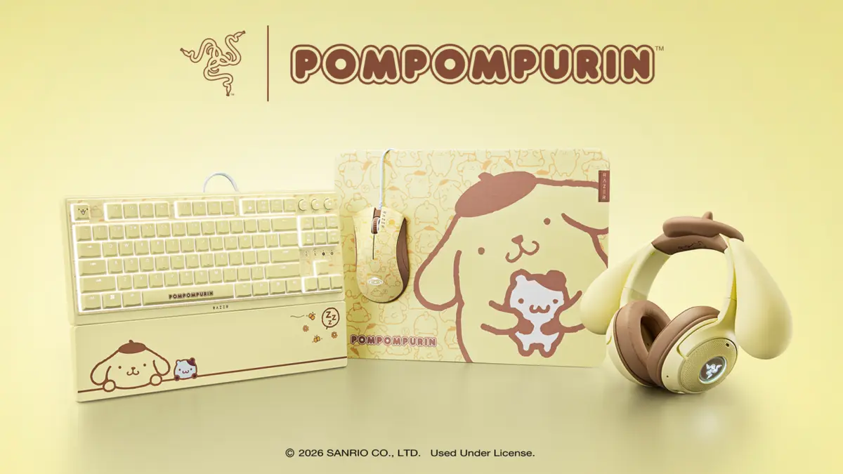 Razer's Pompompurin collection key visual showing a cream keyboard, a mouse on a Pompompurin mouse mat and a Kraken Kitty headset fitted with the character's ears and beret